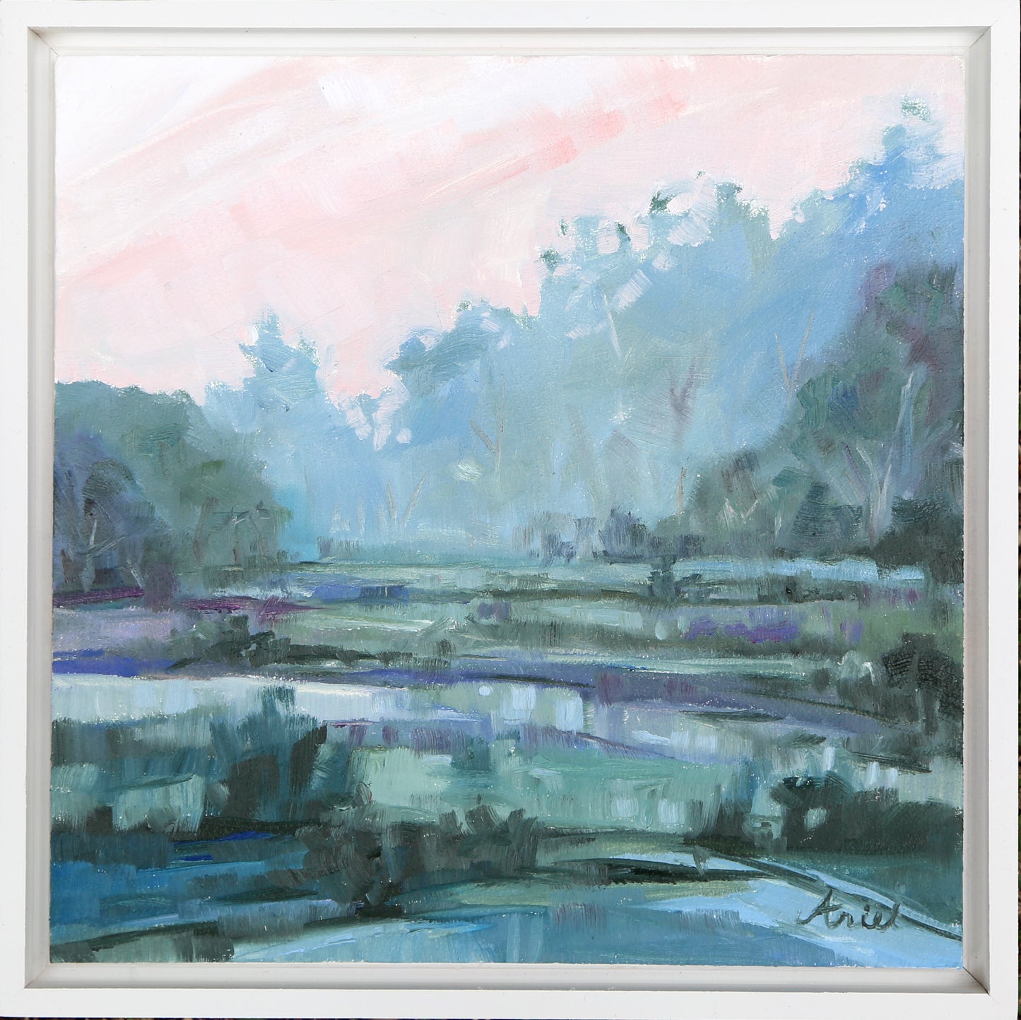 Framed painting of a landscape with trees and water. Painting of a forest path with a soft, pastel color palette. cool moody colors of trees like Pride and Prejudice.