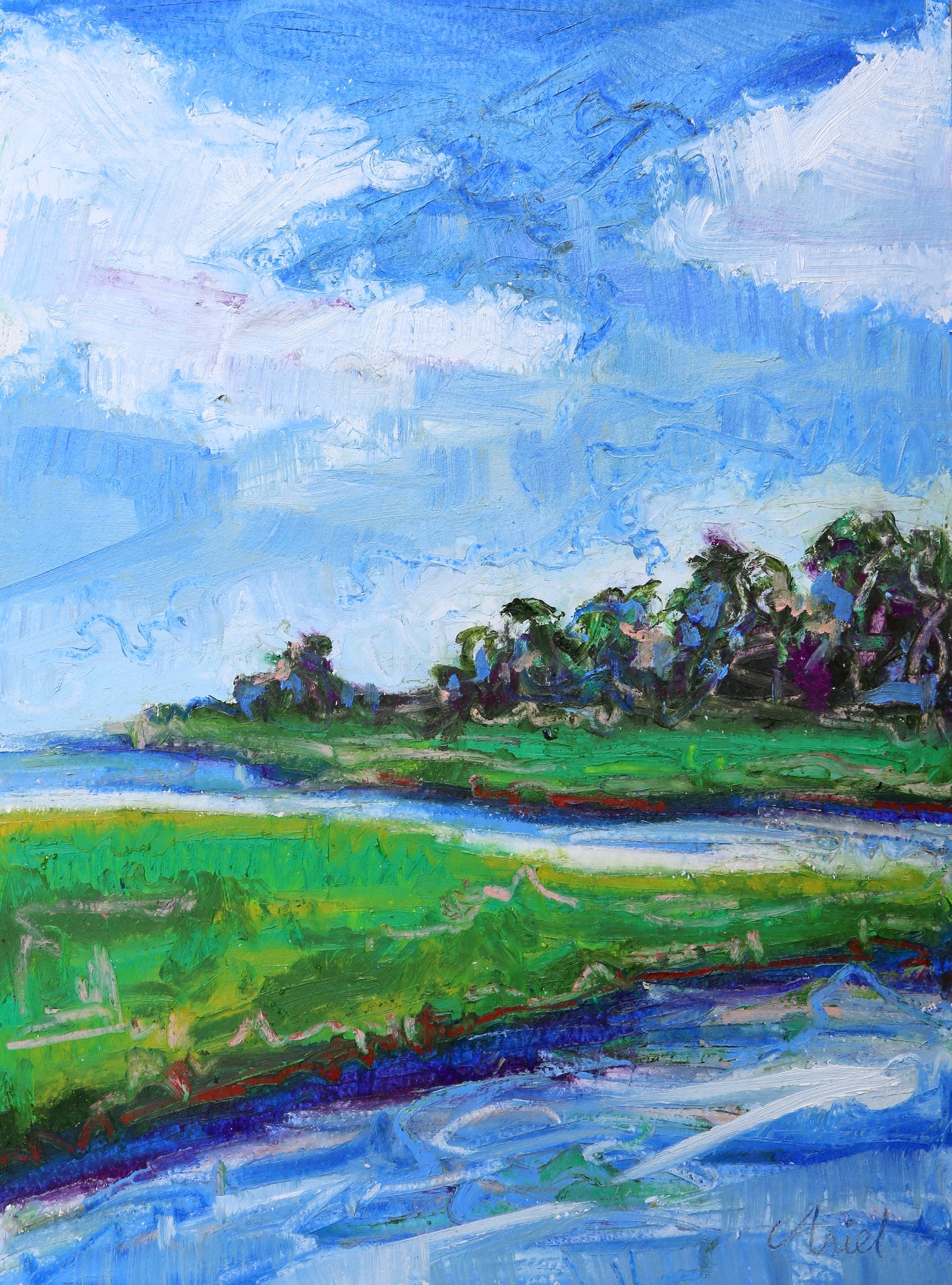 Painting of a landscape with green fields, a river, and blue sky with clouds.