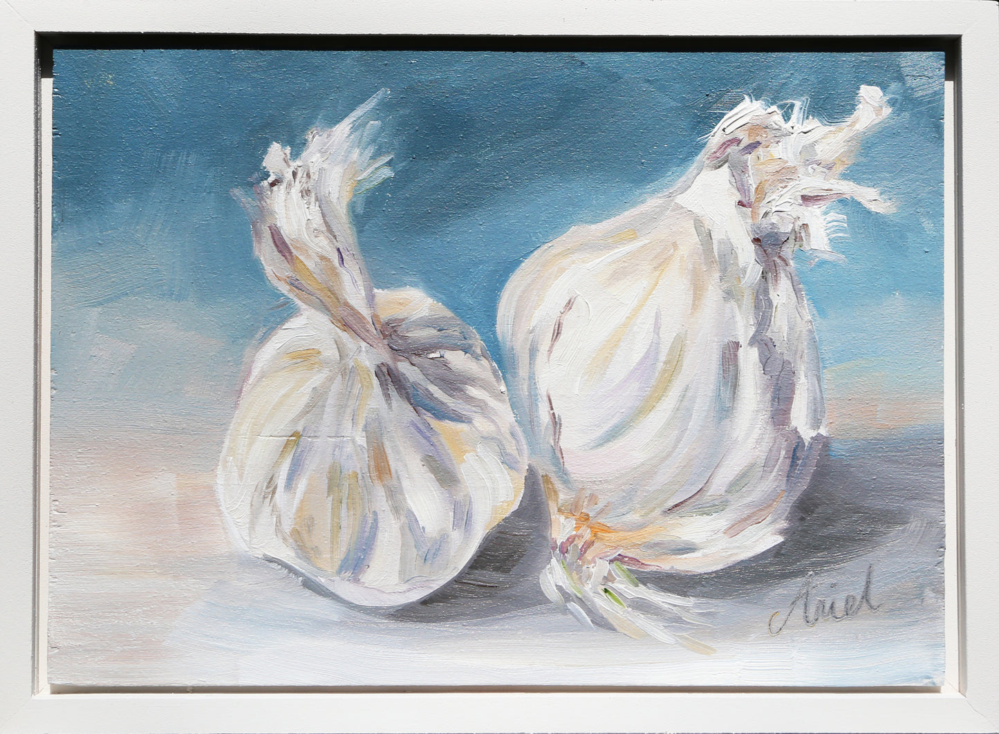 Introduce a touch of elegance to your home with Always Garlic. This original oil painting comes ready to hang in a white frame, and features a beautiful depiction of garlic in shades of blue. Elevate your home decor with this contemporary and fine art piece.