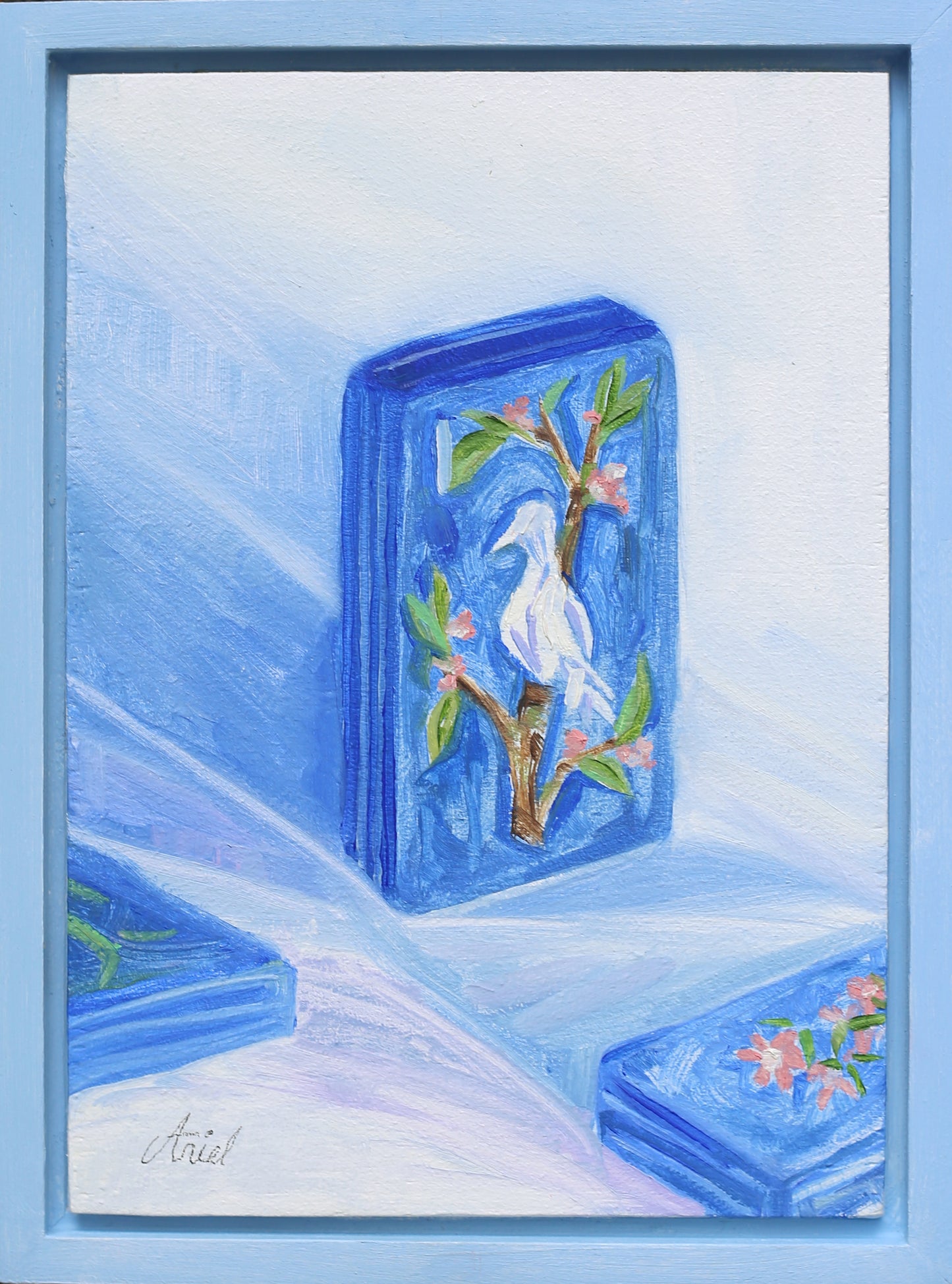 Blue frame with floral design. on a light blue background Bird bam Mahjong artwork