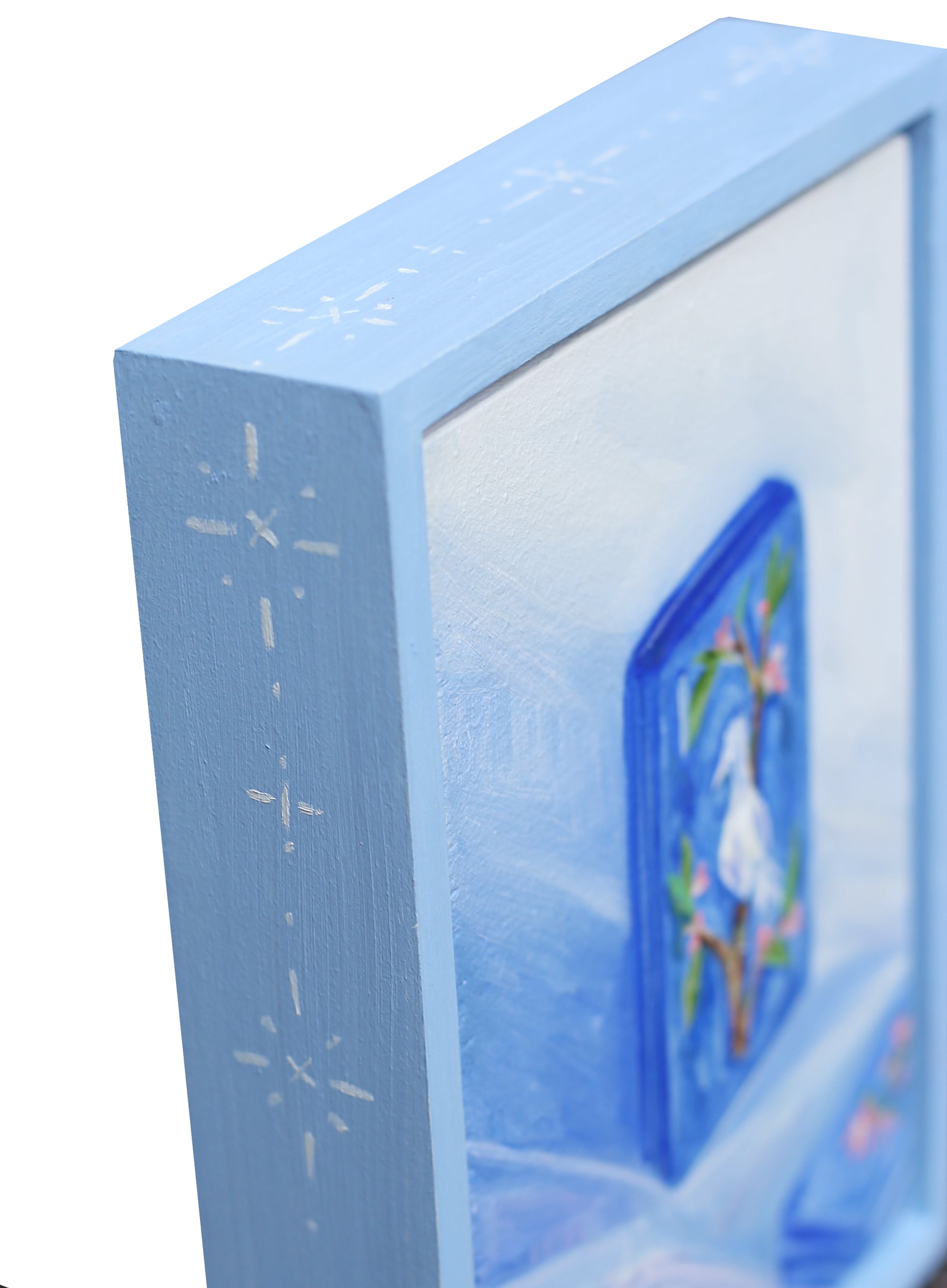 Blue frame with floral design. on a light blue background Bird bam Mahjong artwork.