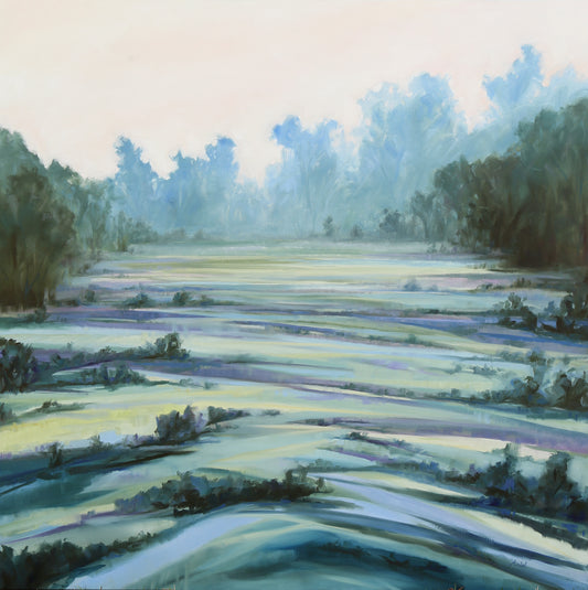 Painting of a forest path with a soft, pastel color palette. cool moody colors of trees like Pride and Prejudice.  Mr.Darcy Jane Austin romance painting 