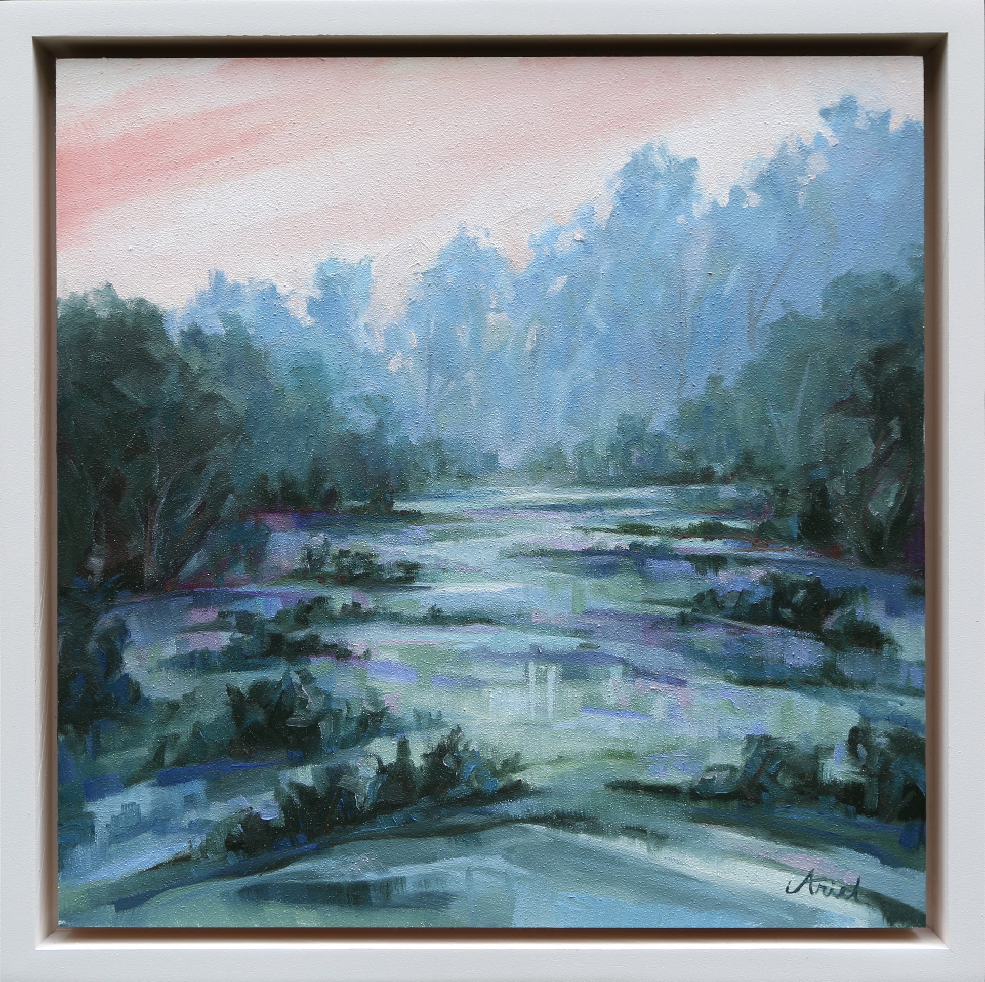 Painting of a forest path with a soft, pastel color palette. cool moody colors of trees like Pride and Prejudice.  