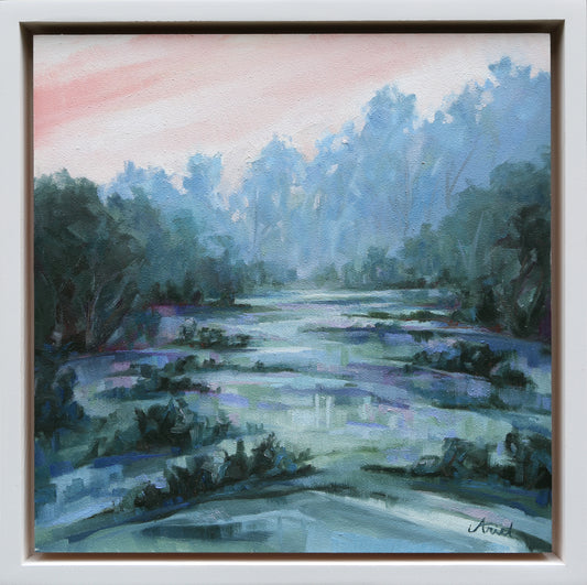 Painting of a forest path with a soft, pastel color palette. cool moody colors of trees like Pride and Prejudice.  