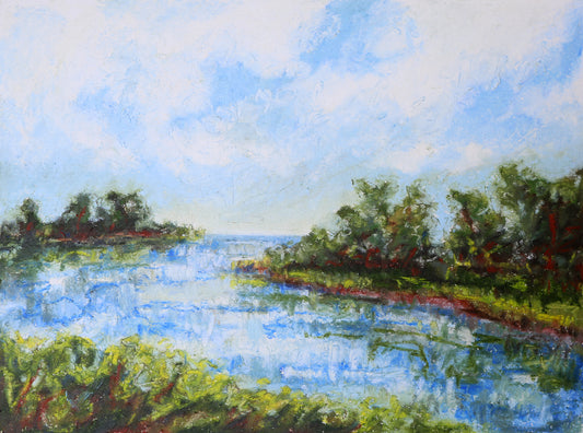 Painting of a river landscape with trees and blue sky.