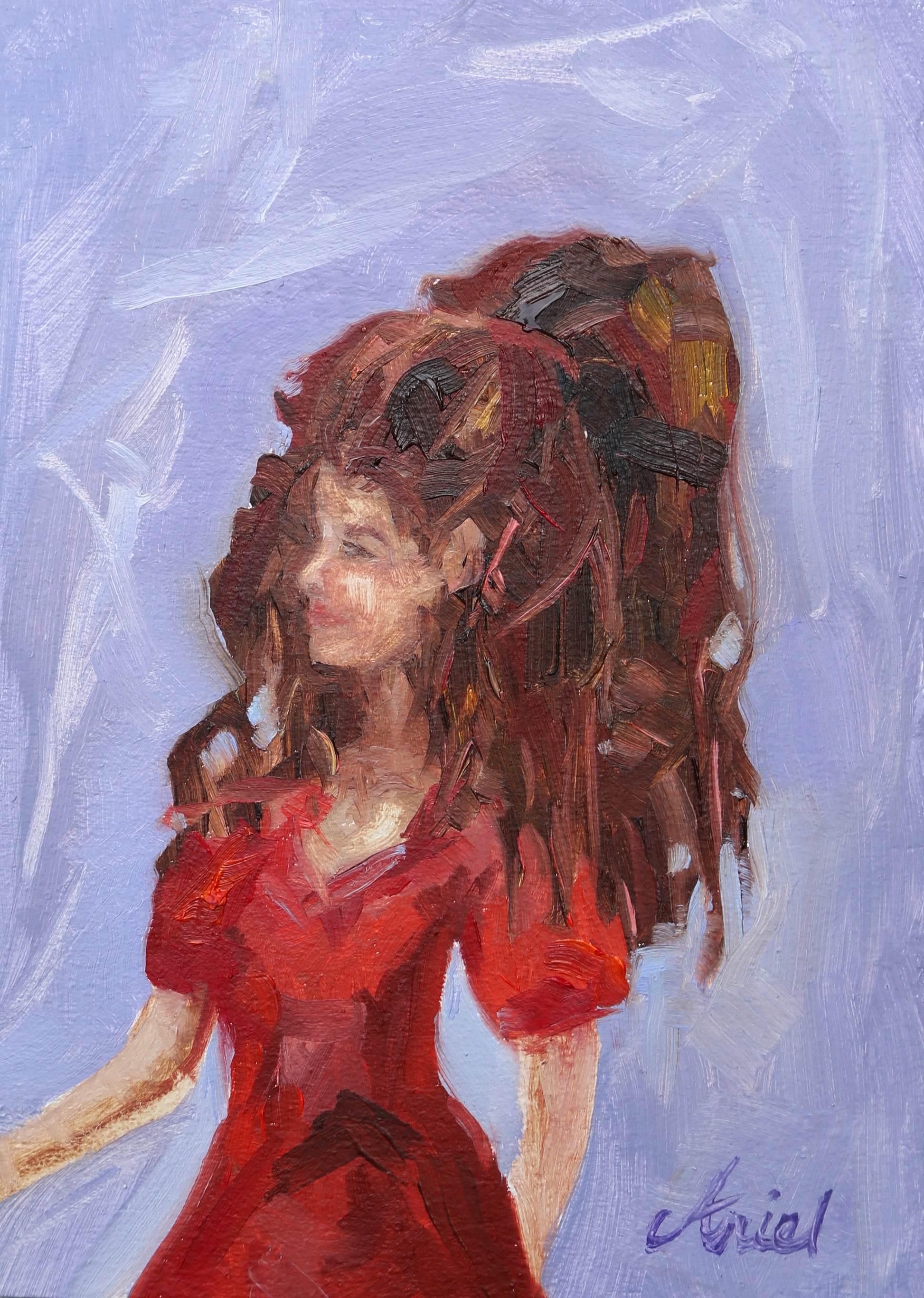 Artistic depiction of a person or barbie doll with dreadlocks or crazy hair wearing a red dress against a light purple background. She's been played with rough.