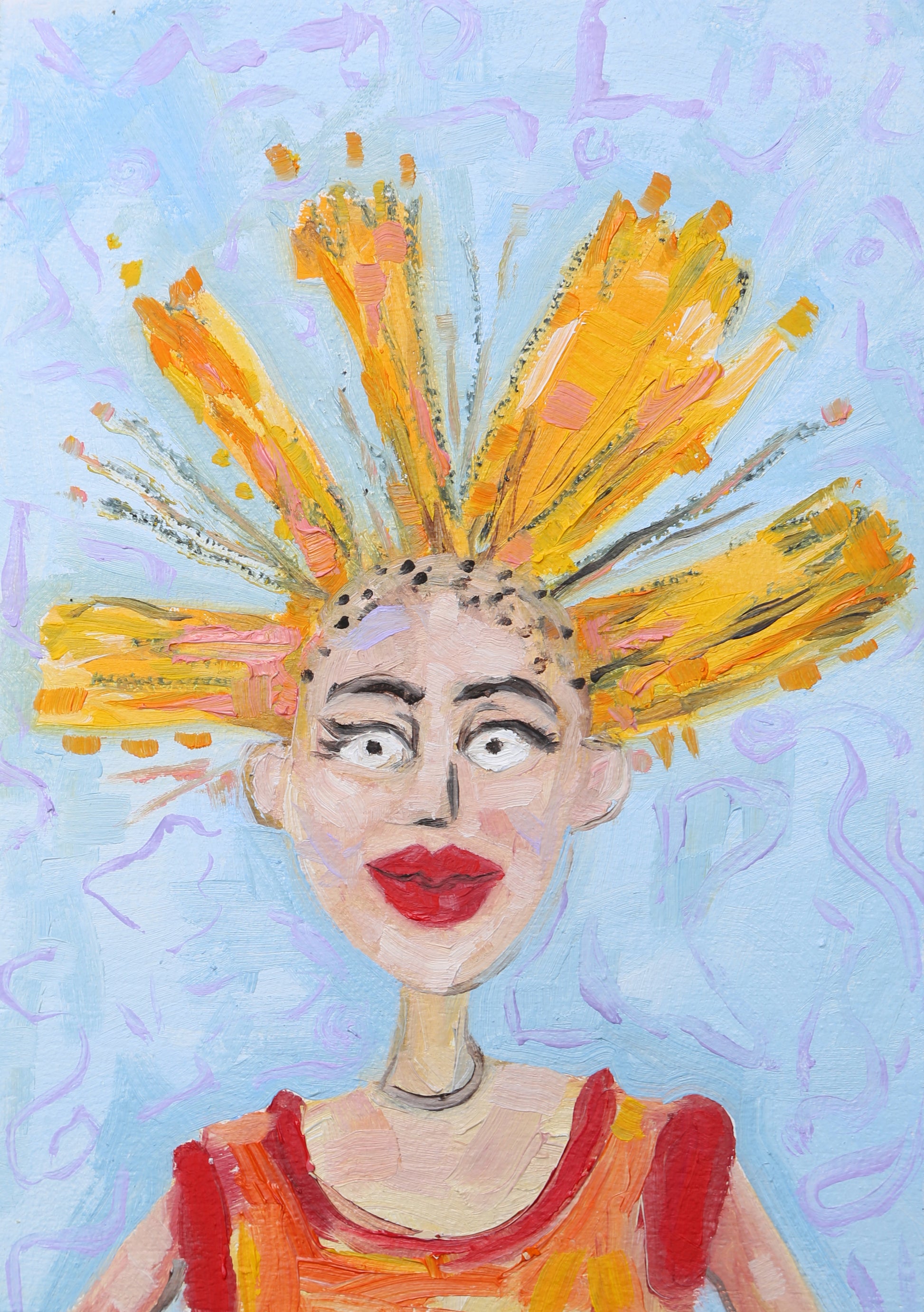 Artistic depiction of a Rugrats doll Angelica with a vibrant yellow hairstyle on a light blue background quirky and wild