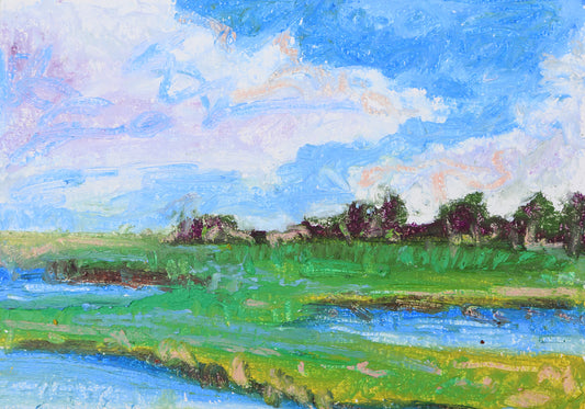 Painting of a landscape with a river, green fields, and trees under a blue sky.