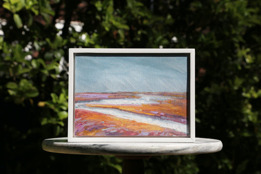Experience the calming beauty of our Restraint oil painting, featuring a serene and abstract landscape of sky and water. The contrasting complimentary colors of blue and orange, with accents of violet, add a touch of vibrancy to any room. Ready to hang in a white frame, this fine art piece is sure to make a statement.