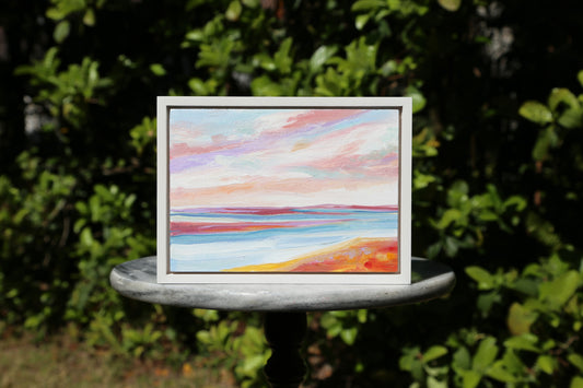 Dog Days offers a stunning addition to any home decor with its abstract original oil painting in bright sunset colors. Ready to hang in a white frame, this small yet impactful piece adds a touch of fine art to your space.