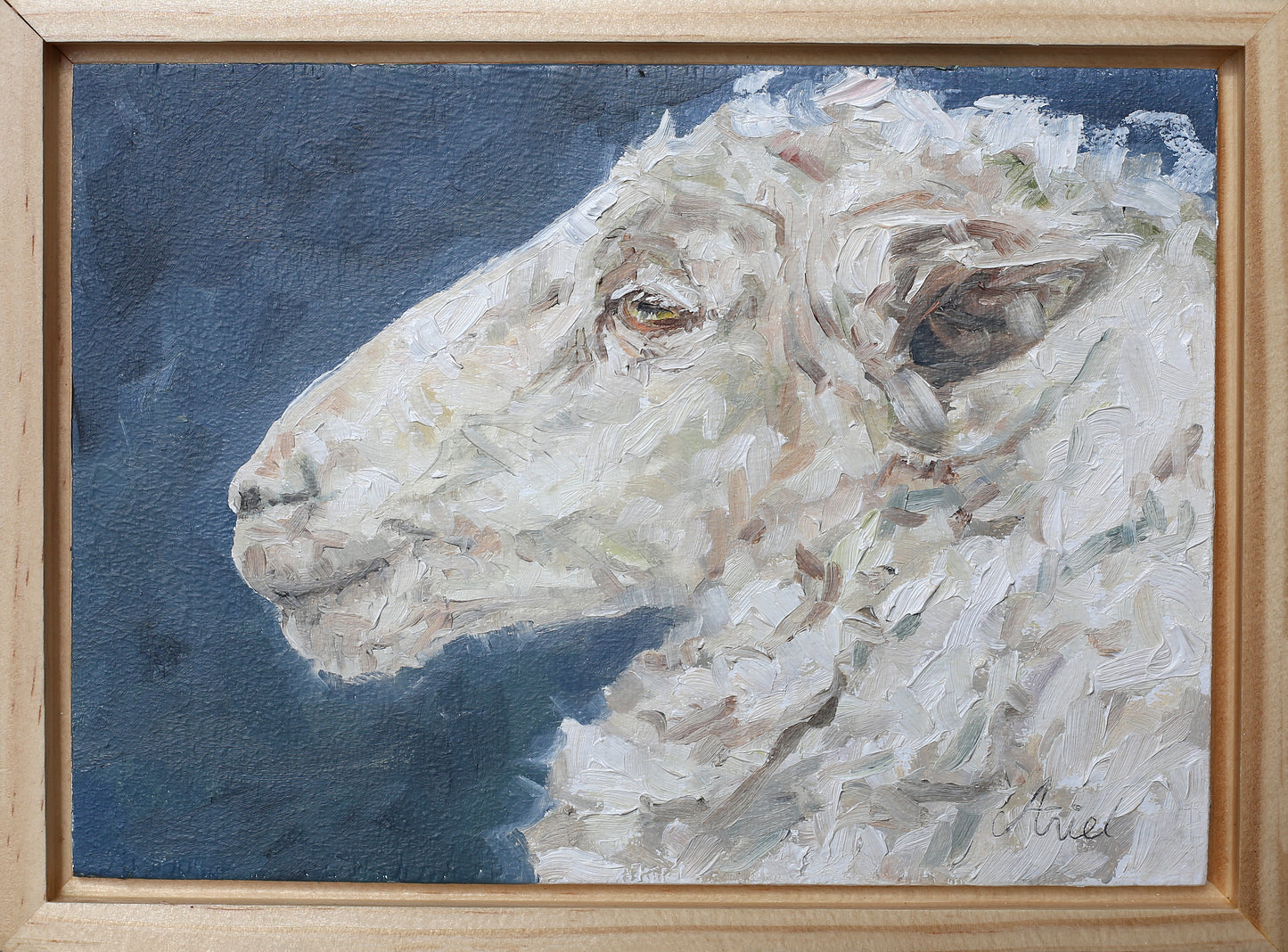 Painting of a sheep's head on a blue background with a wooden frame.