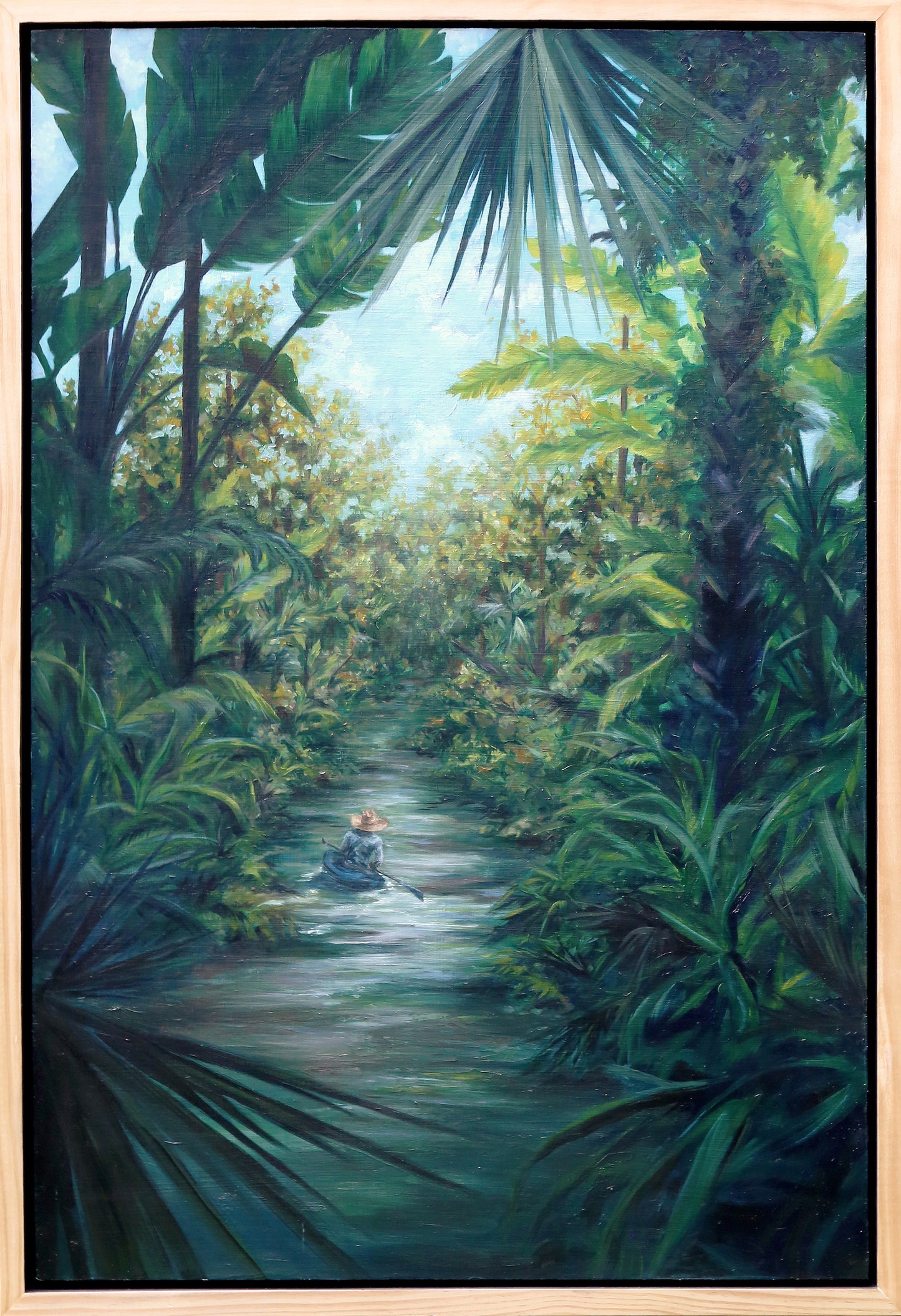 Painting of a person in a kayak  jungle or Florida river surrounded by lush greenery and plants.