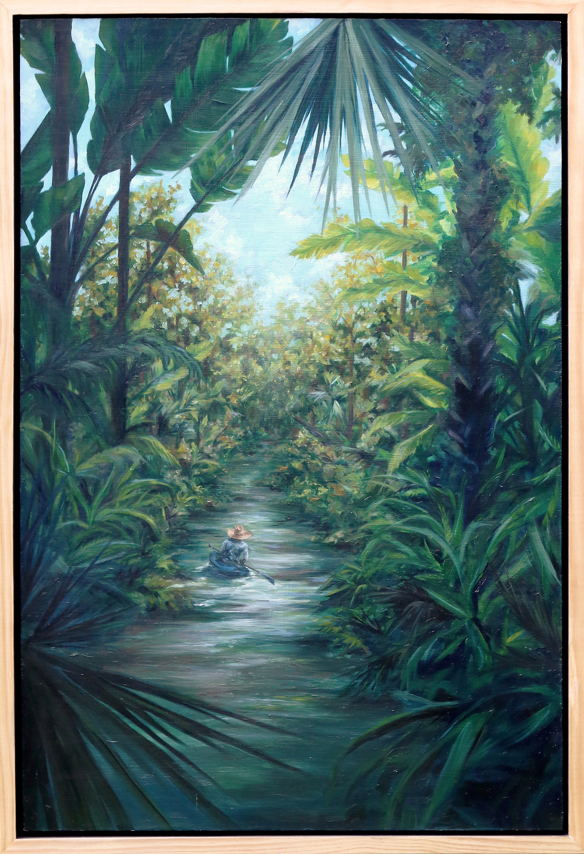 Painting of a person in a kayak  jungle or Florida river surrounded by lush greenery and plants.