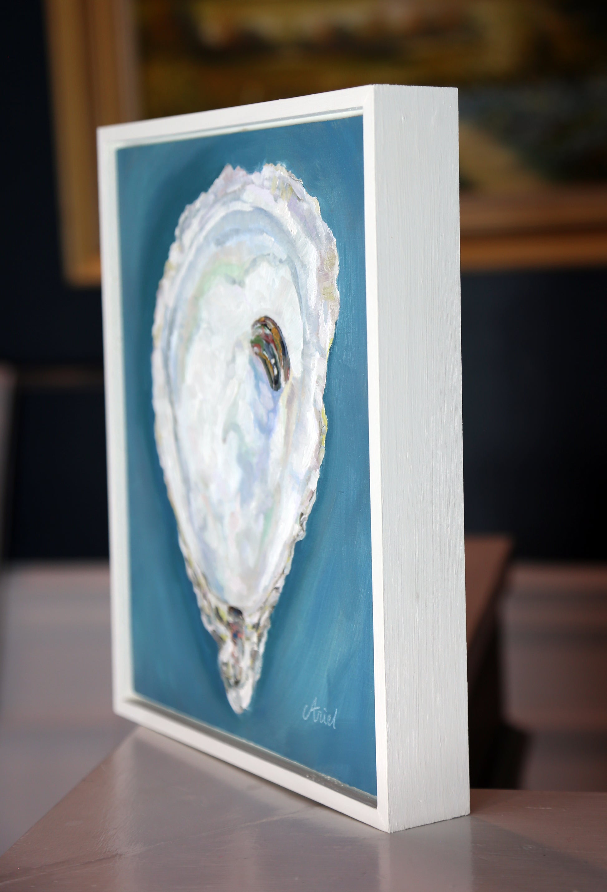 small oyster Contemporary original fine art oil painting framed artwork interior design framed still life costal blue colors