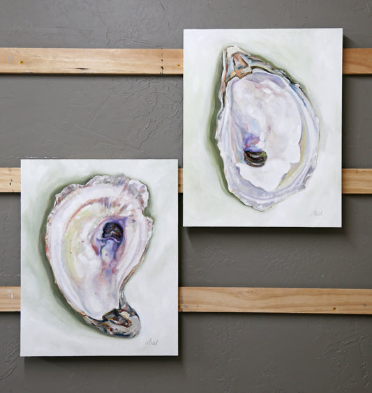 Set of two oyster original painting Contemporary  fine art oil painting gold framed neutral light colors