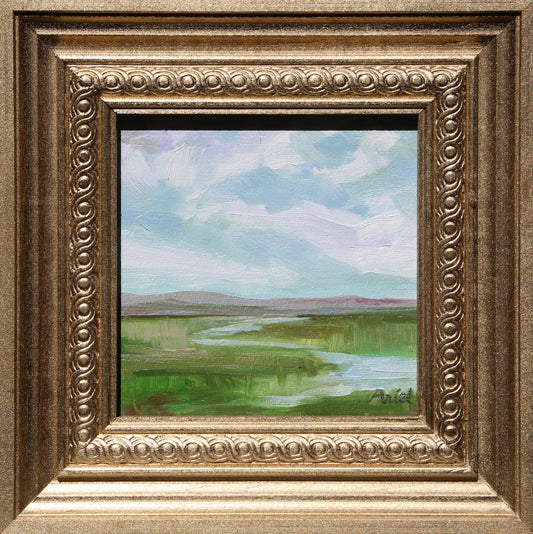 Discover the beauty of nature with Roots. This original oil painting features an ornate gold frame and a stunning abstract landscape of green hills and a blue sky. Ready to hang, this fine art piece brings an elegant touch to any space.