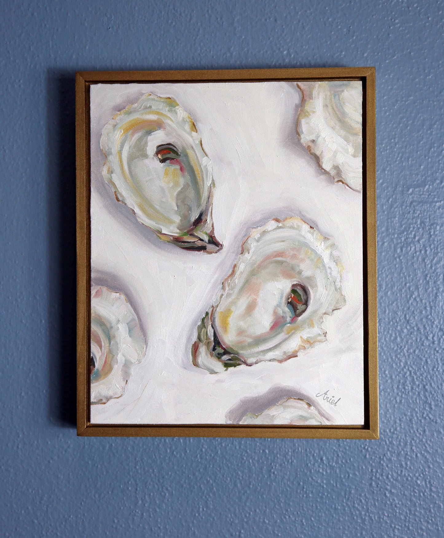 oyster multiple oysters painting Contemporary original fine art oil gold framed neutral light colors