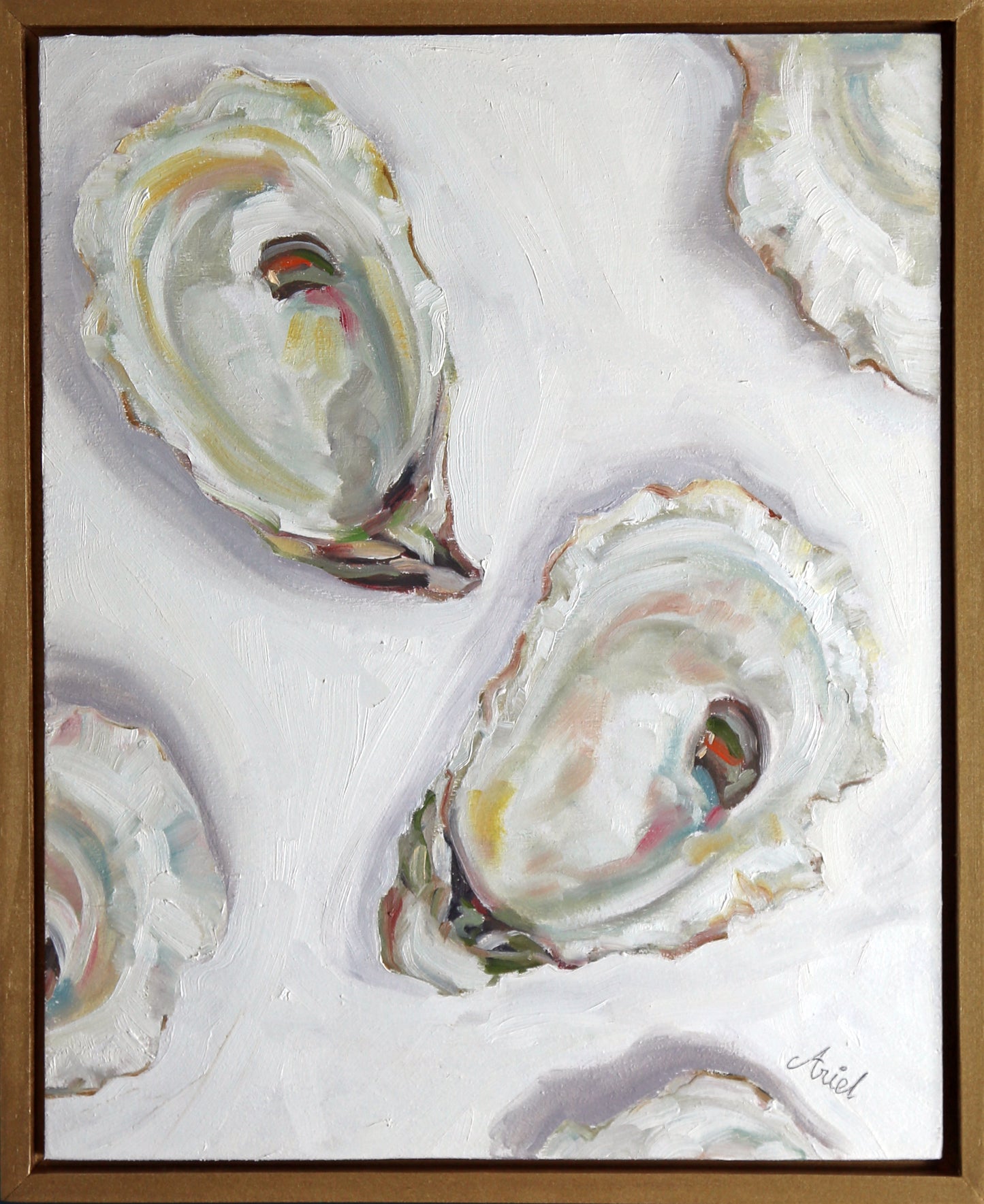 oyster multiple oysters painting Contemporary original fine art oil gold framed neutral light colors