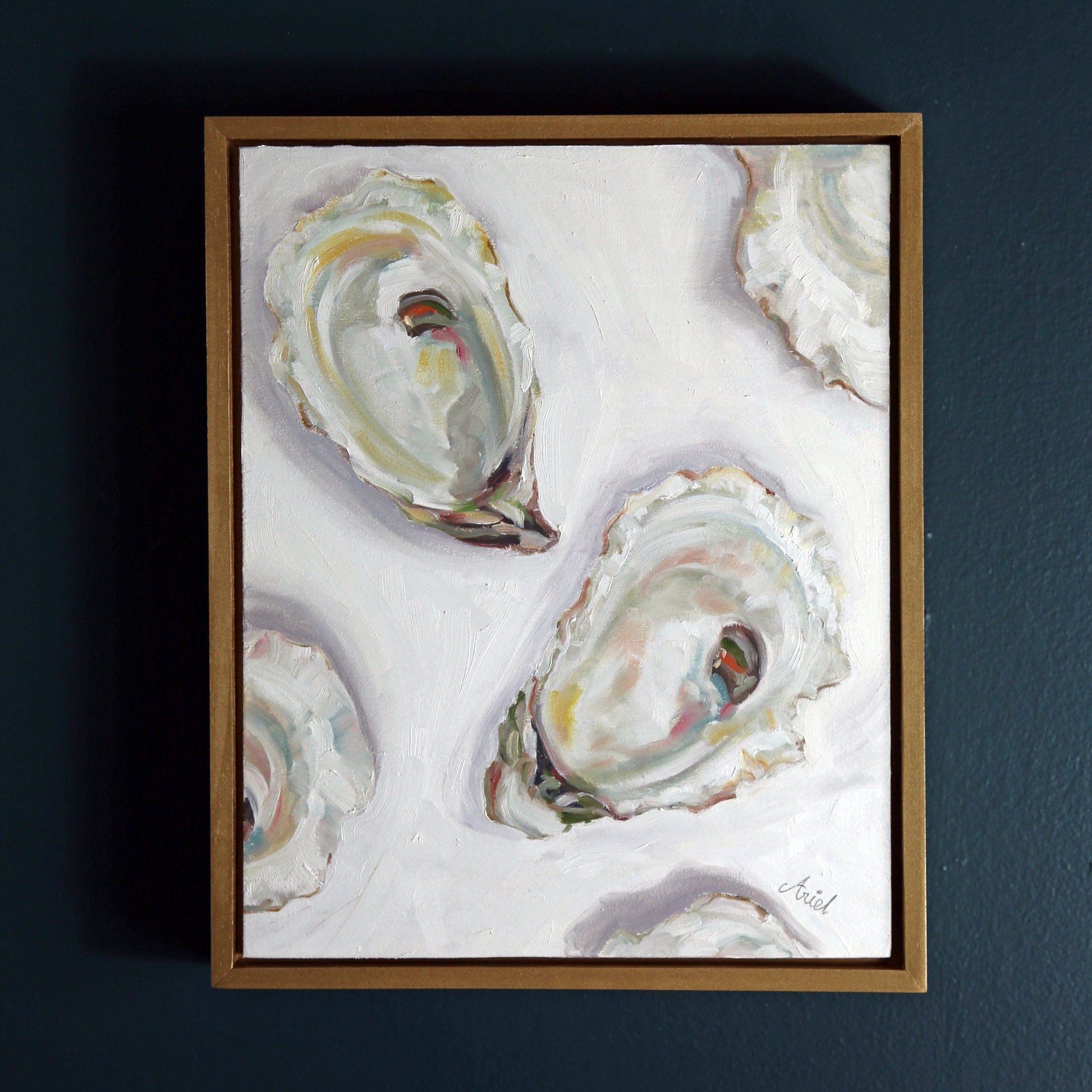 oyster multiple oysters painting Contemporary original fine art oil gold framed neutral light  colors