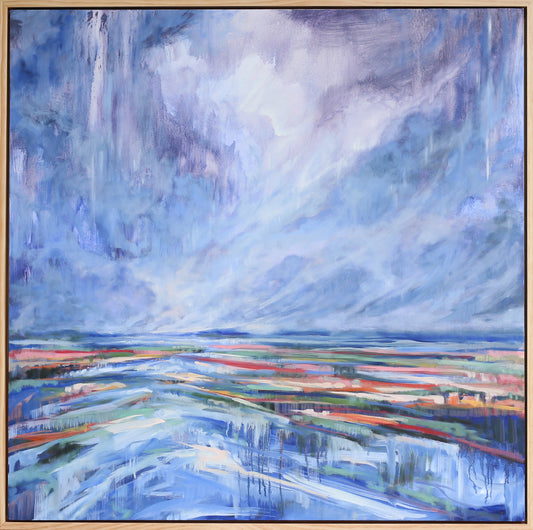 Abstract landscape painting with a vast blue sky filled with sweeping brushstrokes of clouds and rain. Below, the horizon opens into colorful horizontal bands of green, red, and orange fields, with reflective pools of blue water in the foreground. The scene conveys movement, atmosphere, and a sense of expansive openness.