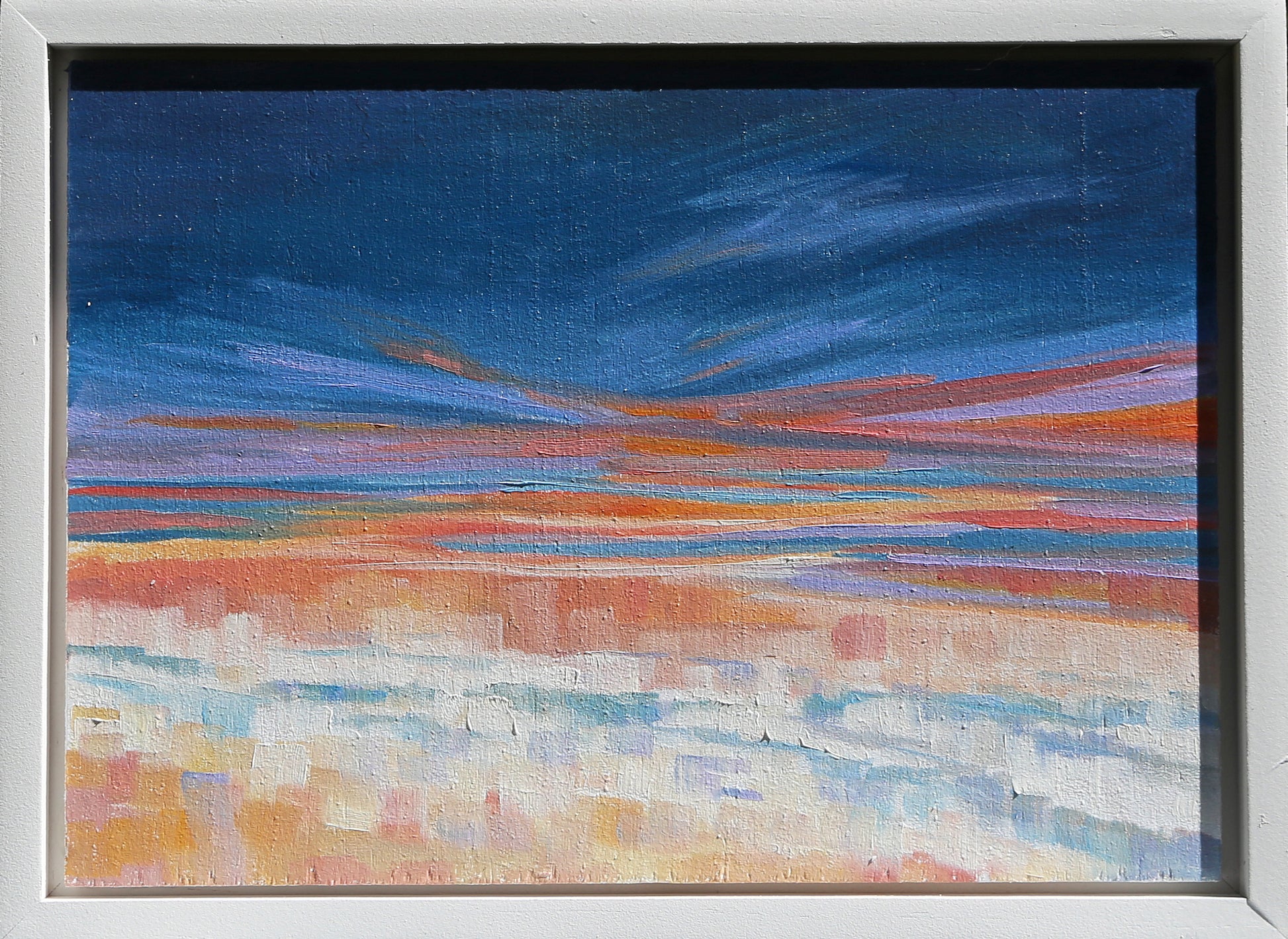 As Far offers a stunning addition to any home decor with its abstract original oil painting in bright sunset colors. Ready to hang in a white frame, this small yet impactful piece adds a touch of fine art to your space.