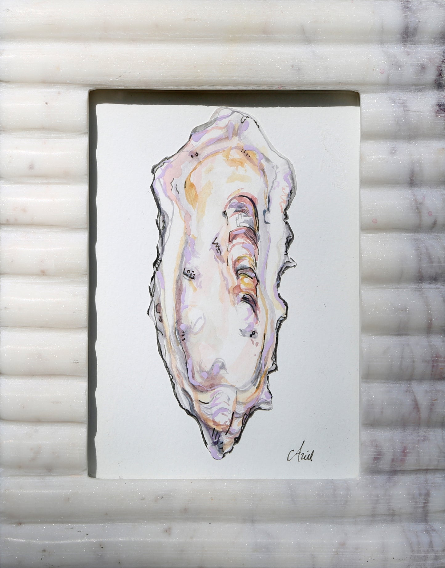 "Experience the beauty of Mixed Media Oyster 1. This unique piece of oyster original fine art is beautifully showcased on paper and framed in luxurious marble, providing a touch of sophistication to any interior. Elevate your home decor with this stunning mixed media masterpiece."