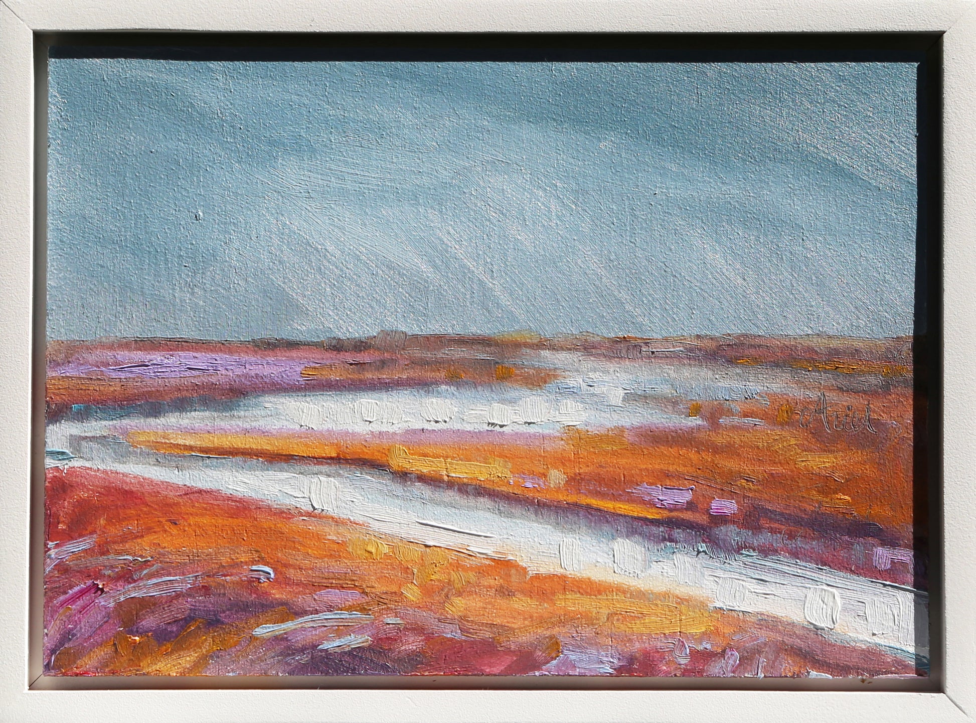 Experience the calming beauty of our Restraint oil painting, featuring a serene and abstract landscape of sky and water. The contrasting complimentary colors of blue and orange, with accents of violet, add a touch of vibrancy to any room. Ready to hang in a white frame, this fine art piece is sure to make a statement.