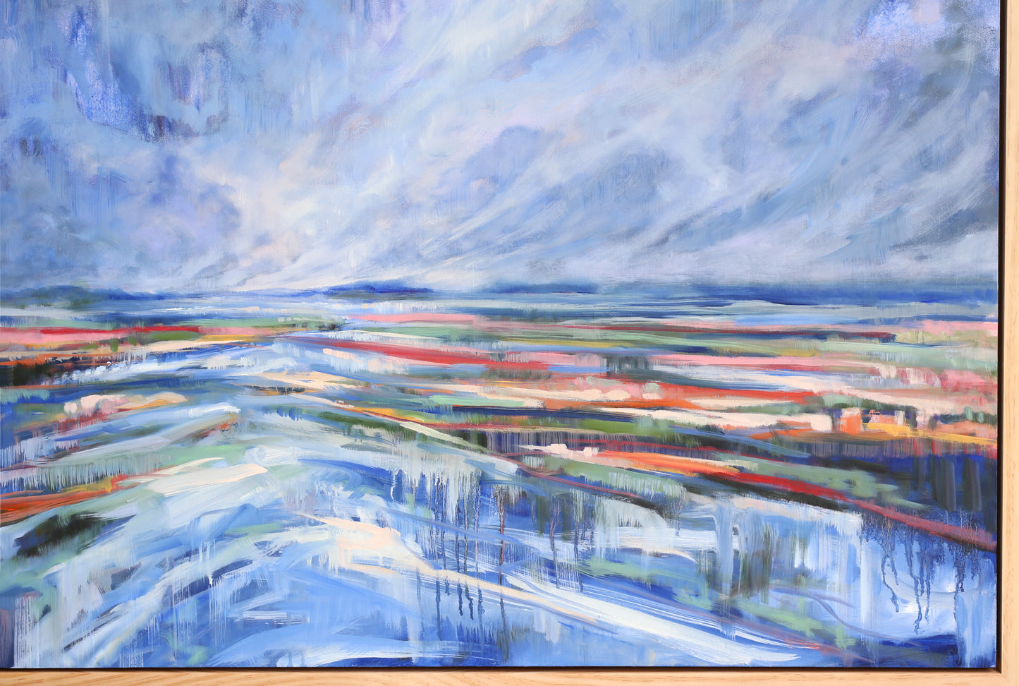 Abstract landscape painting with blue, green, and orange colors